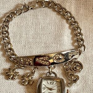 Elegant Silver Toned Love Charm Bracelet Watch